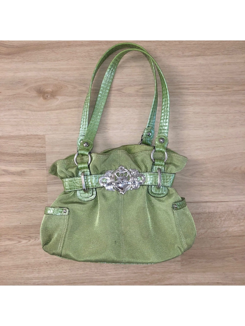 KATHY VAN ZEELAND PURSE HOBO EMBOSSED BUCKLE GREEN CROC SCALE LEATHER HANDBAG